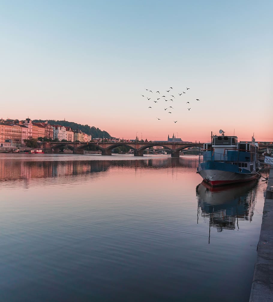 czechia, prague, water, sky, sunset, waterfront, nautical vessel HD wallpaper