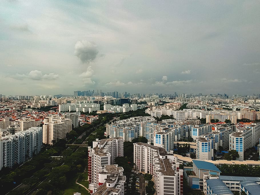 singapore, aerial, hdb, flats, houses, road, clouds, sky, drone, HD wallpaper