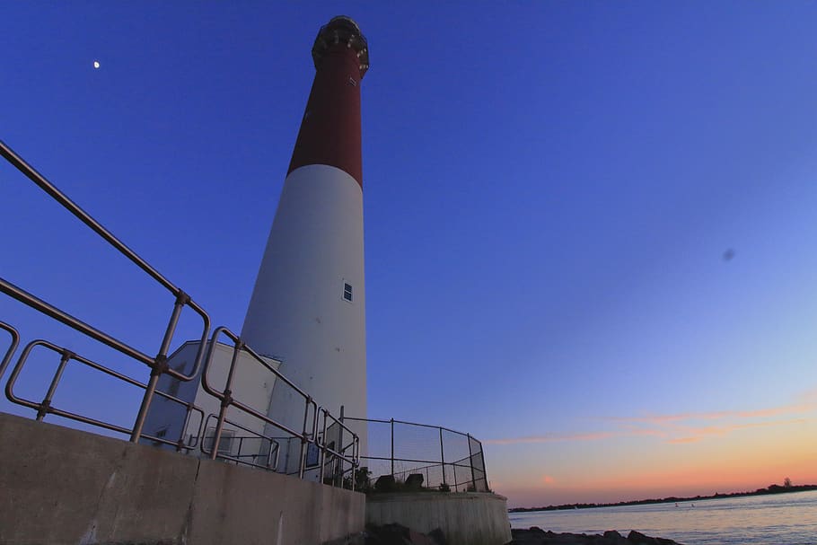 united states, barnegat lighthouse state park, moon, sunset, HD wallpaper