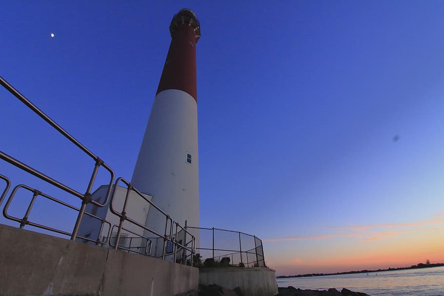 united states, barnegat lighthouse state park, moon, sunset