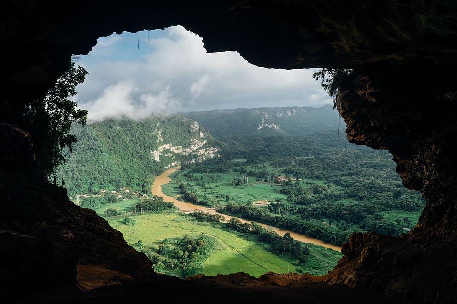 cave, view, river, valley, out of, stream, water, nature, rock