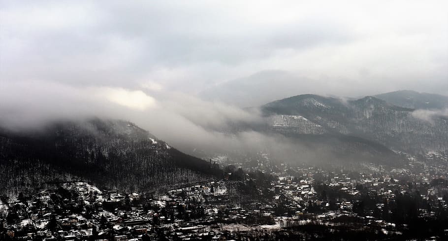 landscape, winter, clouds, fog, snow, mountain, city, cloud - sky, HD wallpaper