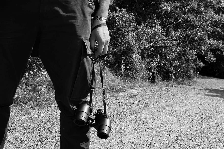 black white, human, legs, pants, binoculars, hand, bracelet HD wallpaper