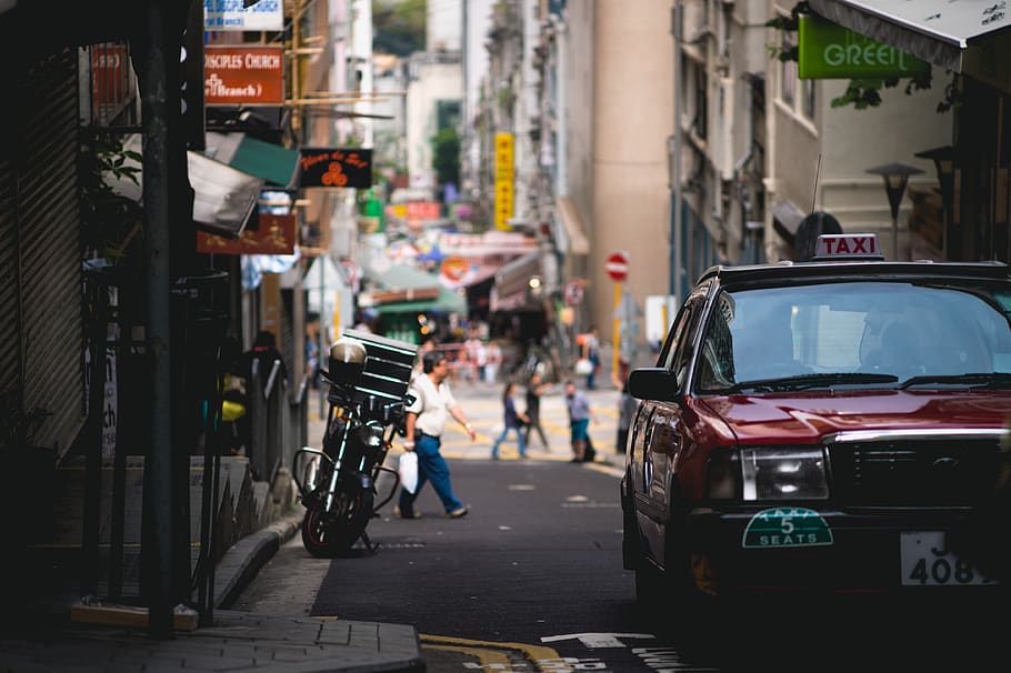 Red Car Park on Roadside Near Building, action, buildings, central HD wallpaper