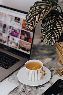Coffee in a cup on a marble desk, workspace, workplace, cup of coffee HD wallpaper