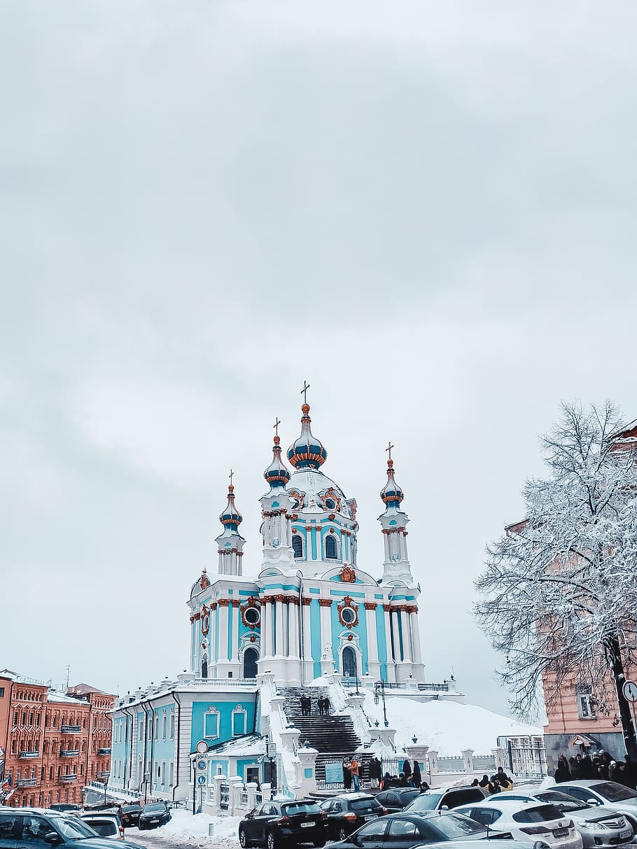 ukraine, kyiv, desyatynna st, church, winter, street, city