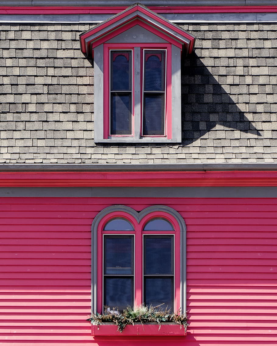 pink painted house, home decor, window, roof, shutter, curtain HD wallpaper