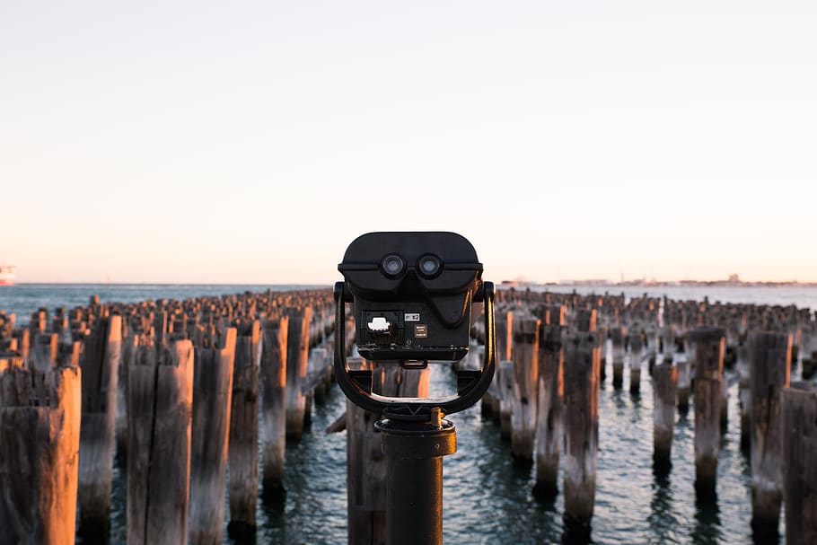ocean, sea, beach, sunset, viewfinder, binoculars, pier, sky HD wallpaper