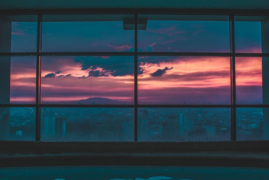 landscape, cityscape, gradient, sky, pink, pink sky, window HD wallpaper