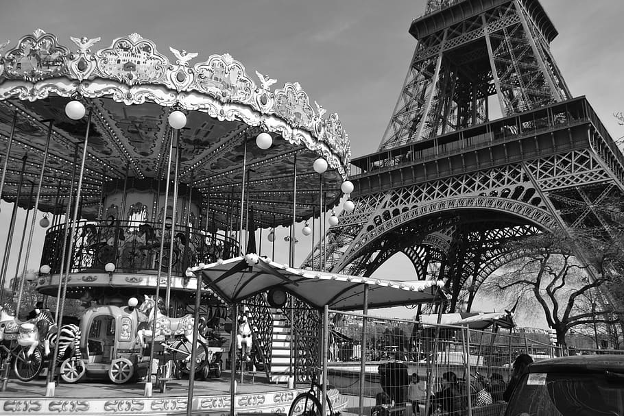france, paris, eiffel, carrousel, black and white, amusement park HD wallpaper
