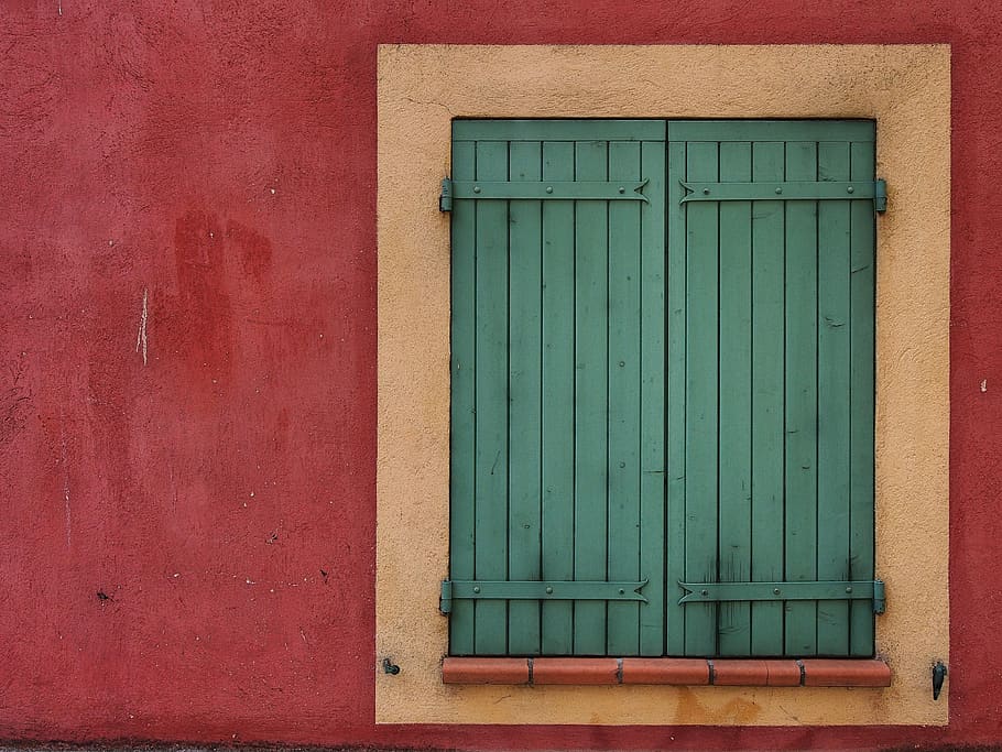 red, green, shutters, window, wall, built structure, building exterior HD wallpaper