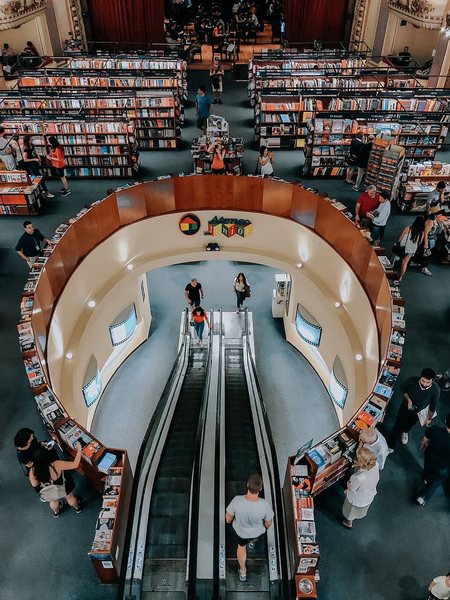 People Inside Library, commerce, escalators, exhibition, indoors HD wallpaper