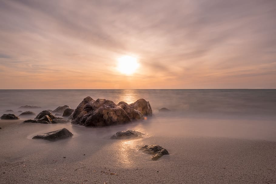 clouds, sky, sun, sunset, sunrise, ocean, sea, sand, water HD wallpaper