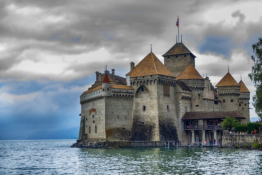 castle, chillon, switzerland, sky, cloud - sky, architecture HD wallpaper