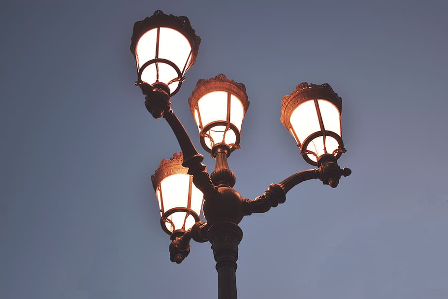 turned-on 4-light street light, lamp, lampshade, aix-les-bains HD wallpaper