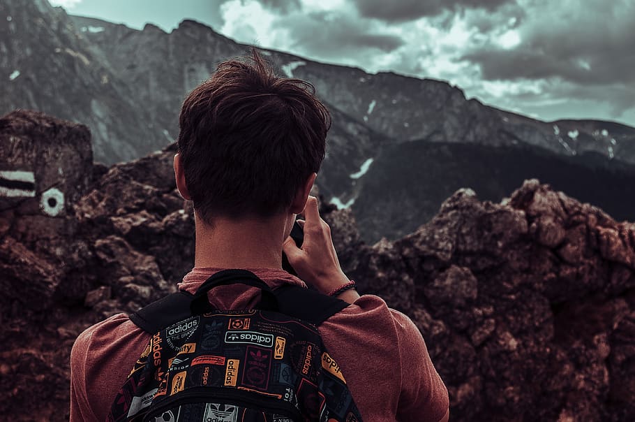 Man Taking Photos Of Mountains, adventure, backpack, climb, hike HD wallpaper