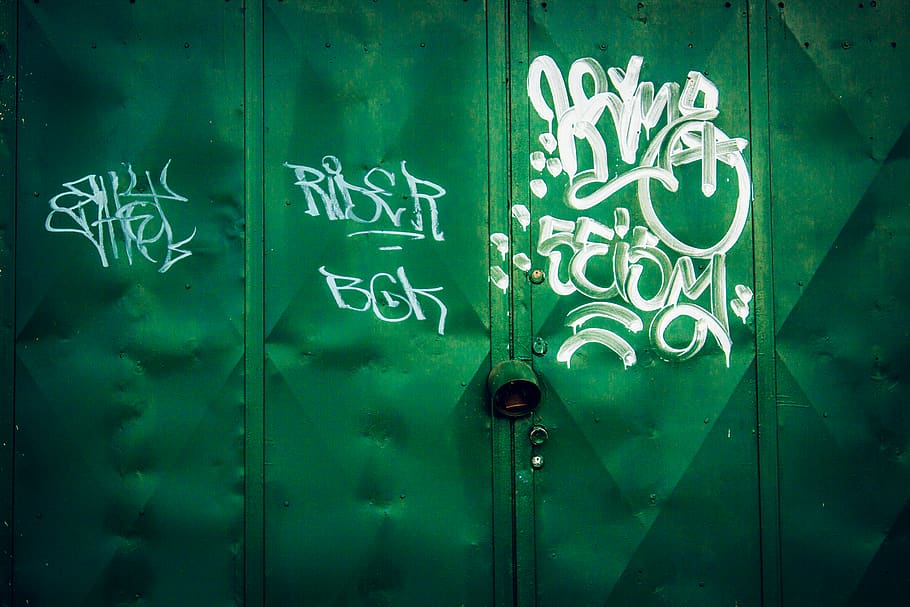 green metal gate closed, green color, text, graffiti, no people HD wallpaper