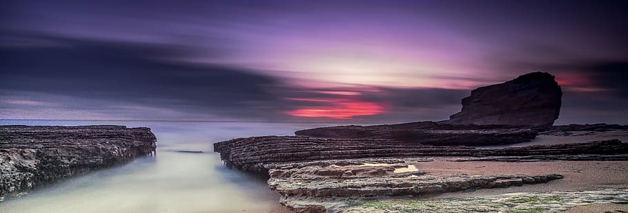 sunset, panoramic, water, dawn, nature, rock - object, sky HD wallpaper