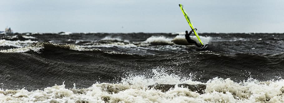 poland, gdynia, orłowo, windsurfer, wave, splash, sea, baltic, HD wallpaper
