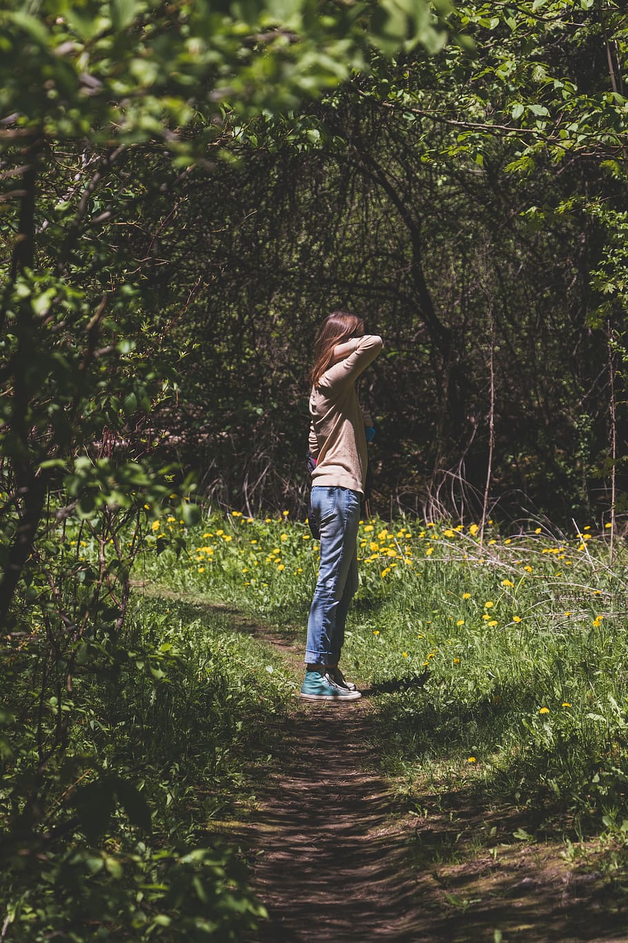 woman standing on pathway between trees, plant, one person, full length HD wallpaper