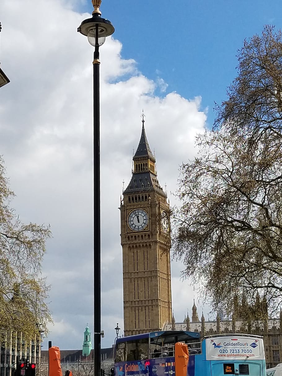 tower, building, architecture, clock tower, vehicle, bus, transportation HD wallpaper