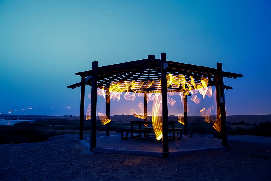 Brown Wooden Gazebo Near Sea, evening, reflection, sunset, sky HD wallpaper