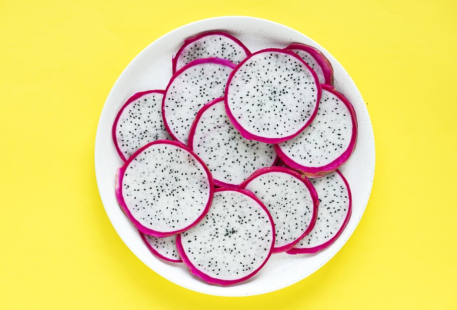 Sliced Dragon Fruit in Round White Bowl, Asian, background, close-up, HD wallpaper
