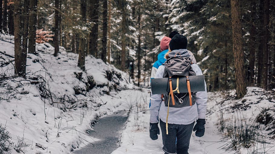 Two People Walking in Woods With Snow, adventure, backpack, backpacker HD wallpaper