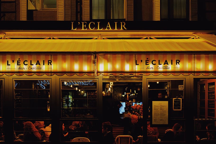 L'Eclair store near chairs, group of people, architecture, built structure HD wallpaper