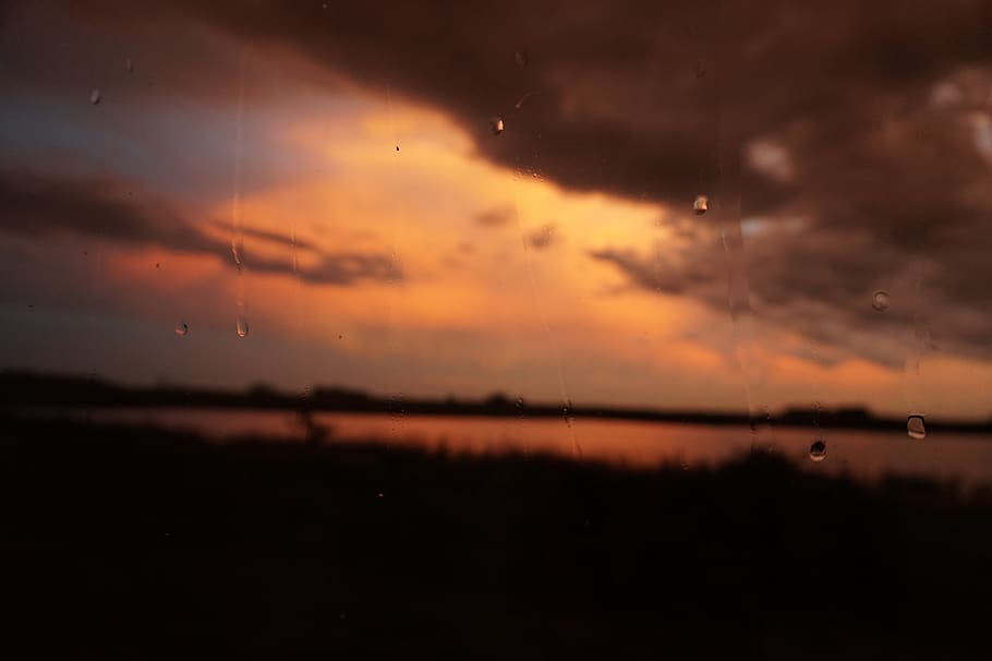 rain, storm, drips, drops, windows, clouds, sky, orange, blue HD wallpaper