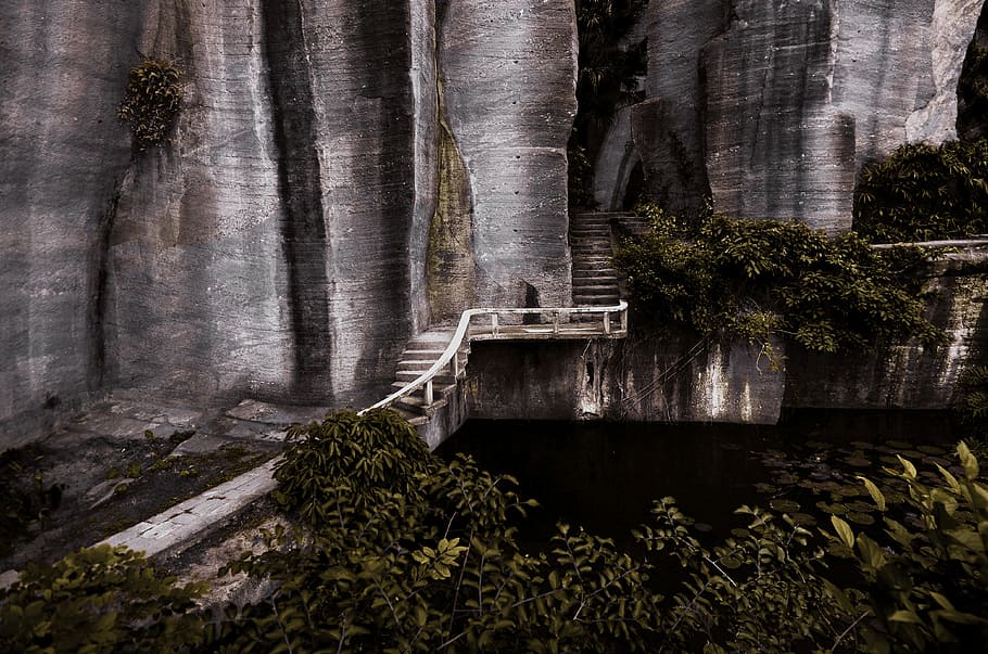 gray concrete rock formation, cliff, stair, step, tree, forest HD wallpaper