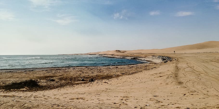 ocean, namibia, water, desert, sand, cloud, sky, beach, nature HD wallpaper