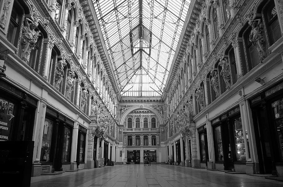 Grayscale Photography of Building, arcade, arch, arched window HD wallpaper