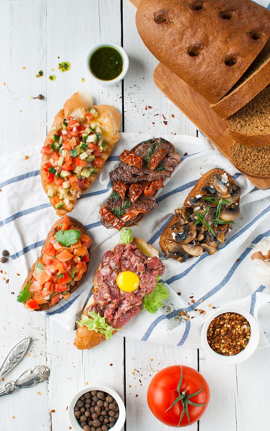 flay lay photography of sliced breads with beef and vegetables on top and dips HD wallpaper