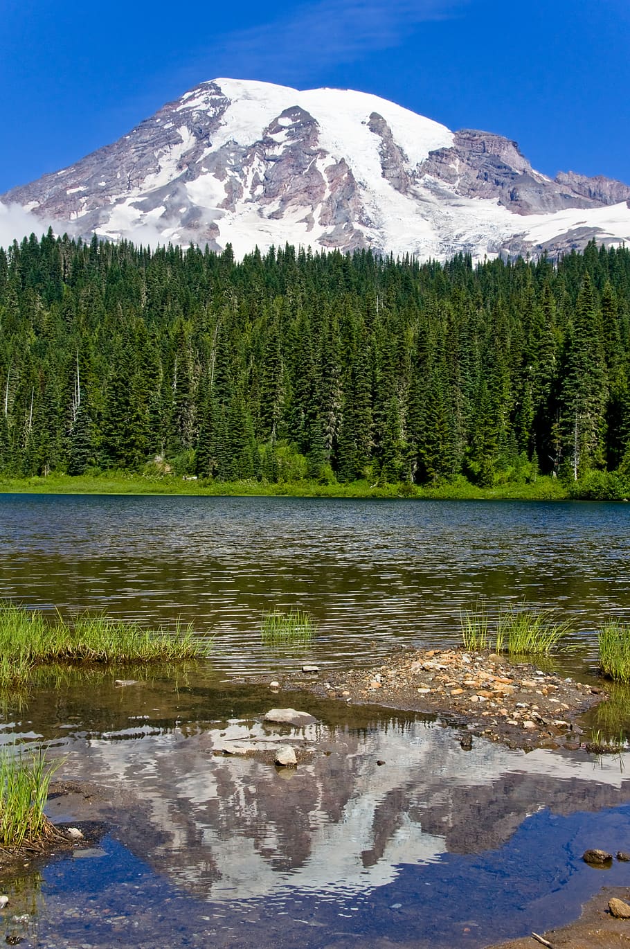 lake, mountain, reflection, water, nature, peaceful, trees HD wallpaper