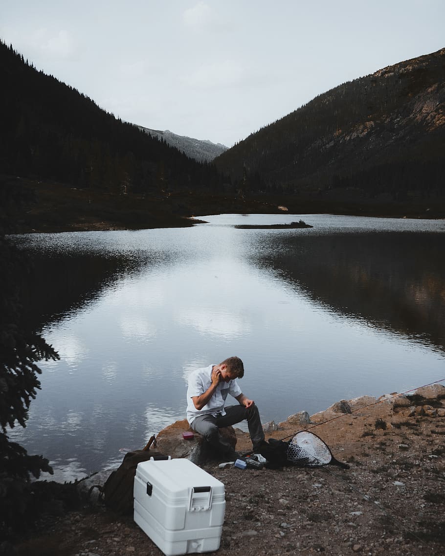 lake, fish, mountain, forest, water, one person, real people HD wallpaper