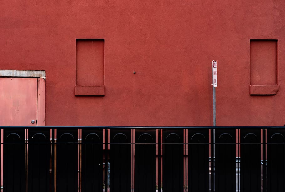 red painted wall, building, fence, window, door, sign, black, HD wallpaper