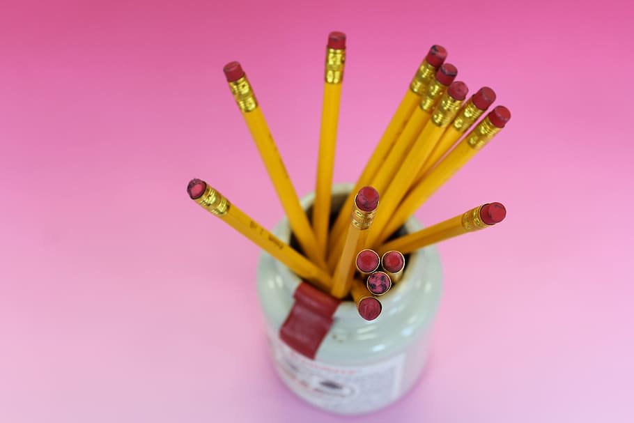 assorted pencil in white container, crayon, pencil box, jar, rubber eraser HD wallpaper