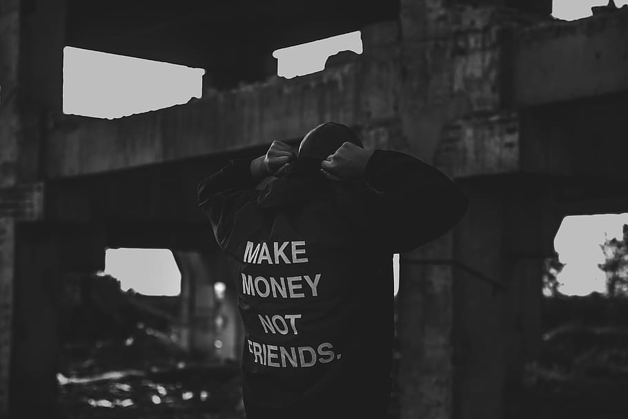 HD wallpaper: person wearing black and white make money not friends printed...