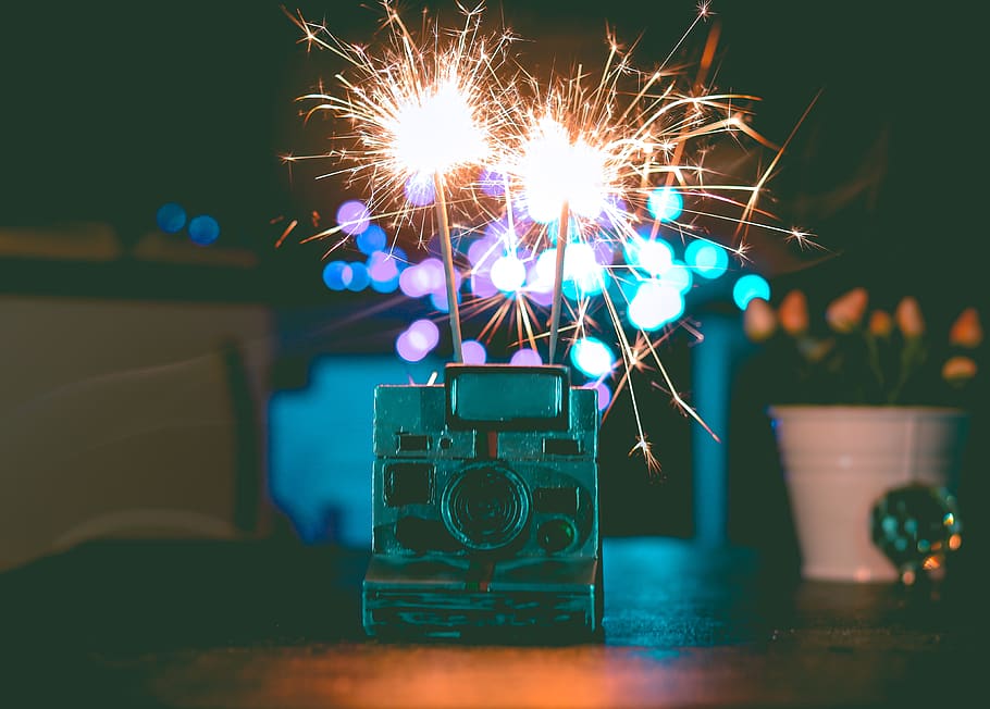 Polaroid Camera And Fireworks, celebration, sparklers, sparks HD wallpaper