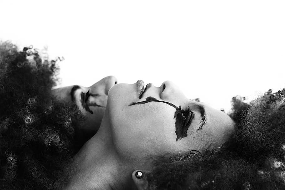 Grayscale Photo of Two Women Lying on White Surface, afro, art, HD wallpaper