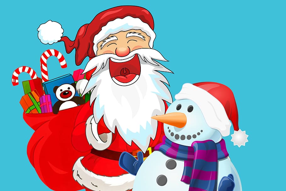 Illustration of laughing Santa Claus with happy snowman., christmas
