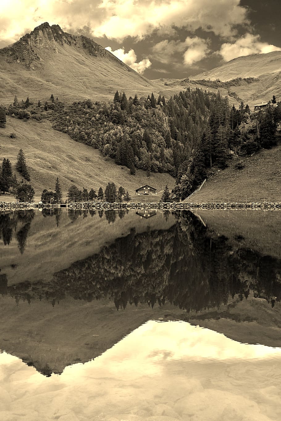 alpine, mountains, lake, mirroring, reflection, forest, water, HD wallpaper