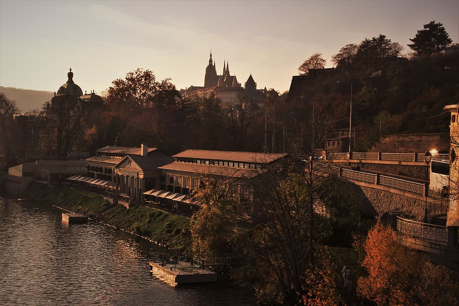autumn, fall, prague, castle, river, architecture, water, built structure HD wallpaper