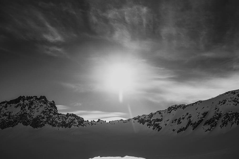 sky and mountain, nature, flare, light, outdoors, weather, mountain range HD wallpaper