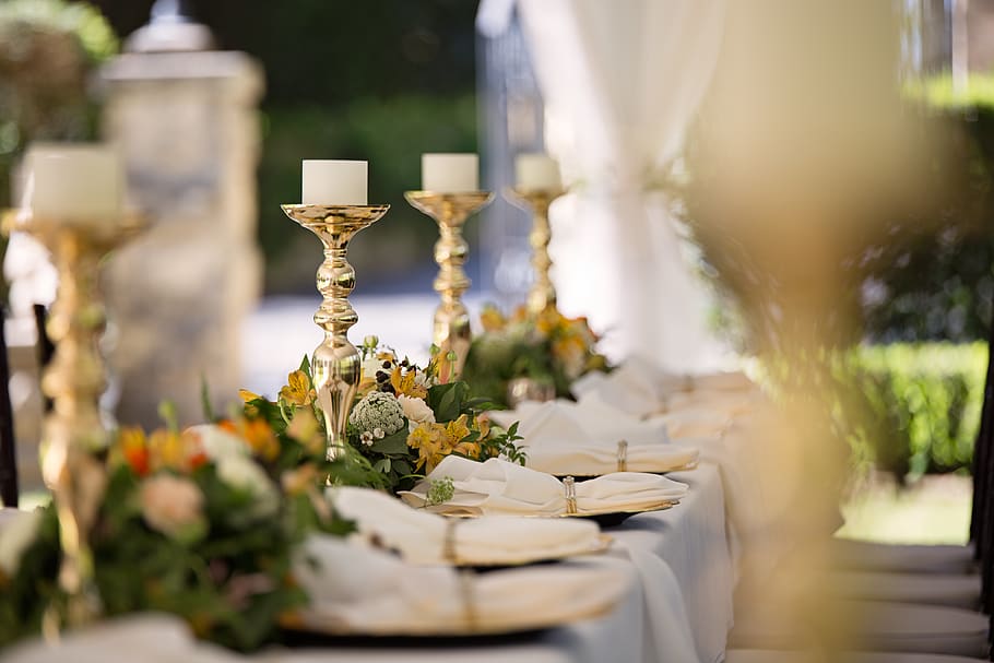 Selective Focus of Candlesticks on Table With Wedding Set-up HD wallpaper