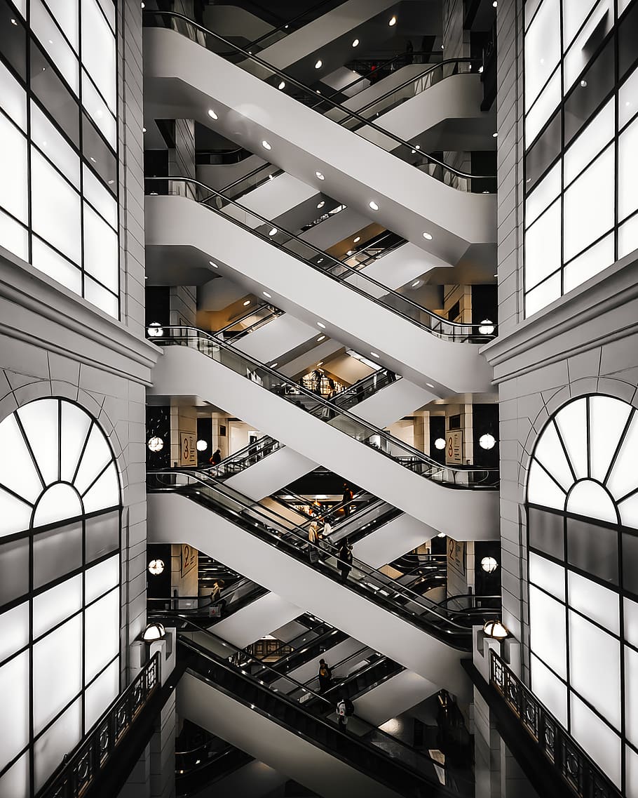 Building Escalator, architectural design, architecture, escalators HD wallpaper