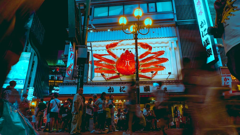 people near red crab signage at nighttime, person, human, interior design, HD wallpaper