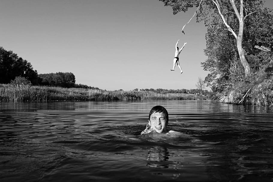 con2011, black, white, river, swim, summer, man, russia, swimming HD wallpaper