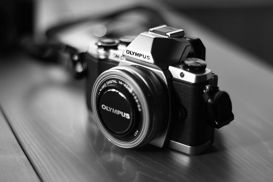 Grayscale Photo of Black and Gray Olympus Camera, black-and-white HD wallpaper